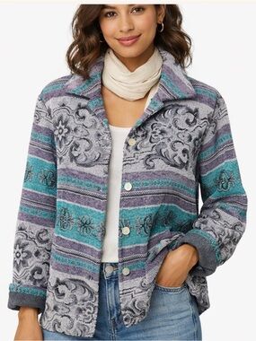 Teal Purple Chenille Tapestry Jacket • Floral Jacquard Boho Festival M